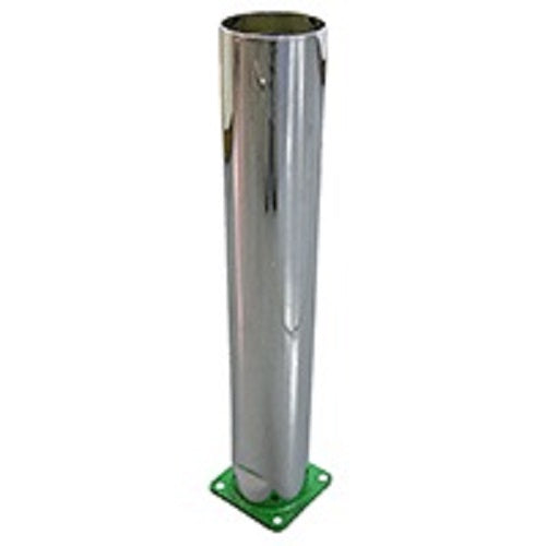 21-inch chrome exhaust stack for John Deere with a 4-bolt green flange and a small dent on the side.