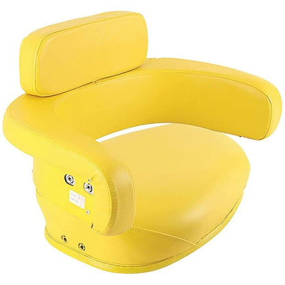 Three-piece yellow vinyl tractor seat cushion set with thick foam padding for John Deere equipment.