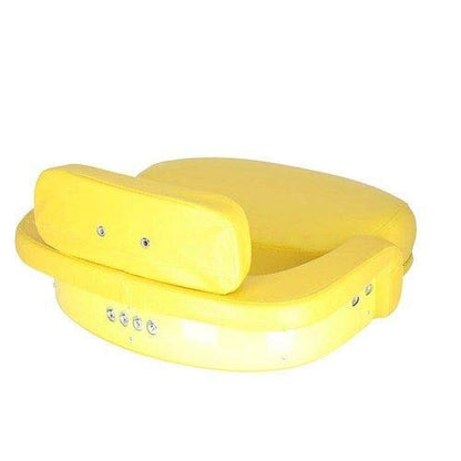Three-piece yellow vinyl tractor seat cushion set for John Deere equipment with thick foam padding and steel core.
