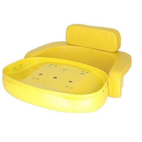 Three-piece yellow vinyl tractor seat cushion set with steel core for John Deere equipment.
