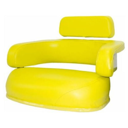 Three-piece yellow vinyl tractor seat cushion set for John Deere equipment with thick foam padding.